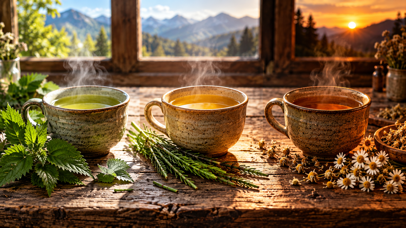 Drei Tassen Kräutertee: morgens, mittags und abends