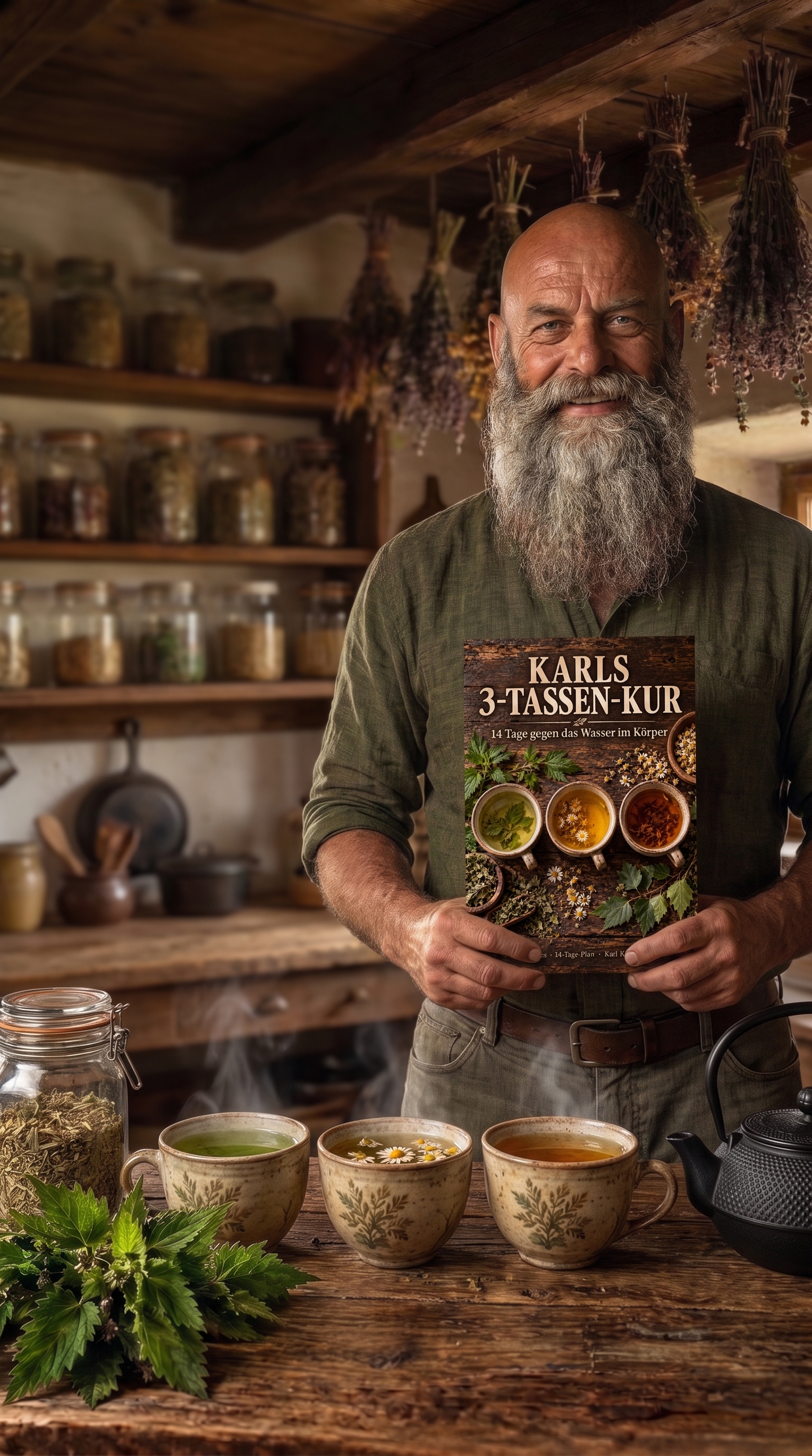 Karl in seiner Kräuterküche mit drei Tassen Kräutertee